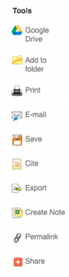 Tools box, including Google Drive; Add to Folder; Print; Email; Save; Cite; Export; Create Note; Permalink; Share